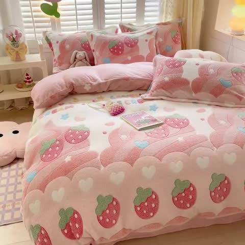 91家纺网 家纺一手货源 找家纺 川悦生活 2023新款立体雪花绒四件套 冰激凌小熊