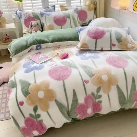 91家纺网 家纺一手货源 找家纺 川悦生活 2023新款立体雪花绒四件套 哈桑花-绿