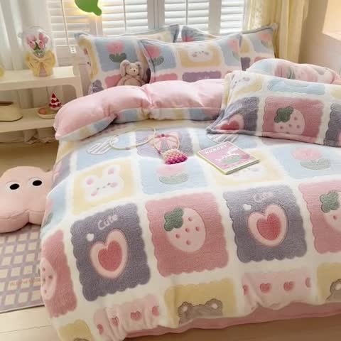 91家纺网 家纺一手货源 找家纺 川悦生活 2023新款立体雪花绒四件套 甜蜜日常粉