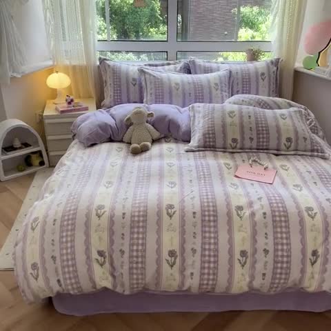 91家纺网 家纺一手货源 找家纺 沐棉 2023新款牛奶绒印花+小清新四件套 紫色浪漫