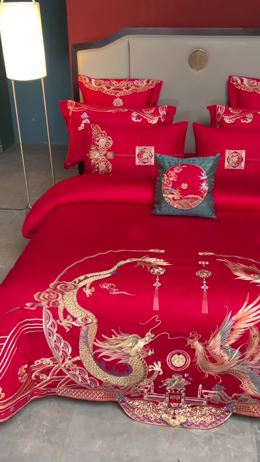 91家纺网 家纺一手货源 找家纺 用心 2023新款长绒棉提花高端绣花龙凤婚庆四件套 龙凤瑞彩