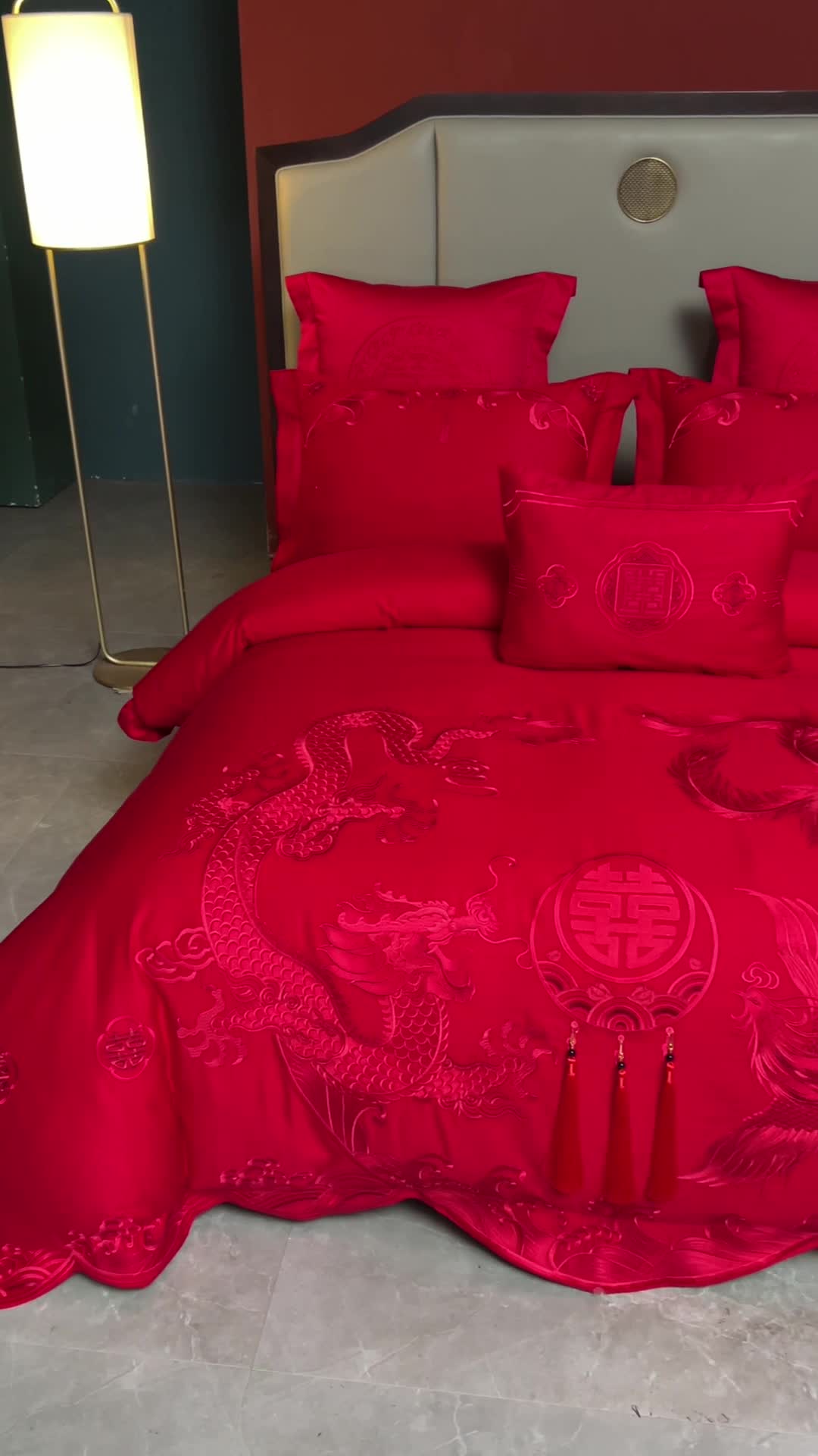 91家纺网 家纺一手货源 找家纺 用心 2023新款全棉高端绣花龙凤婚庆四件套 龙凤百喜（红）