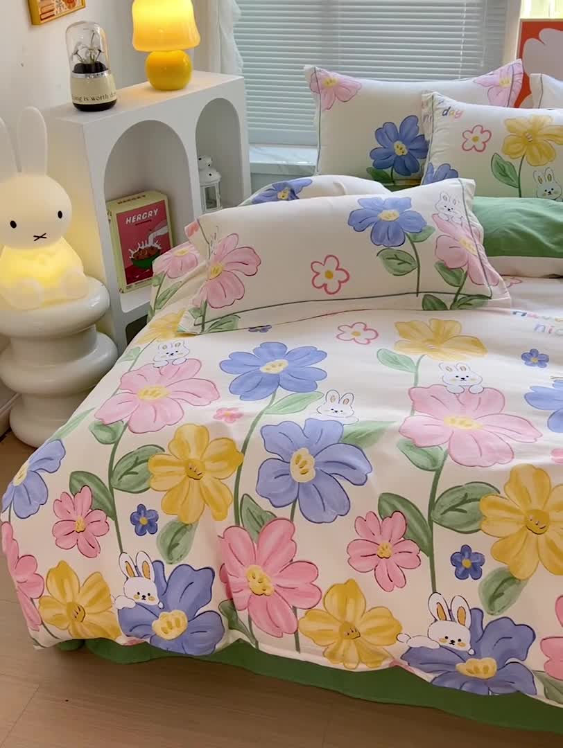 91家纺网 家纺一手货源 找家纺 棉生活 2023新款铂金全棉磨毛系列（AB版）四件套 花园兔