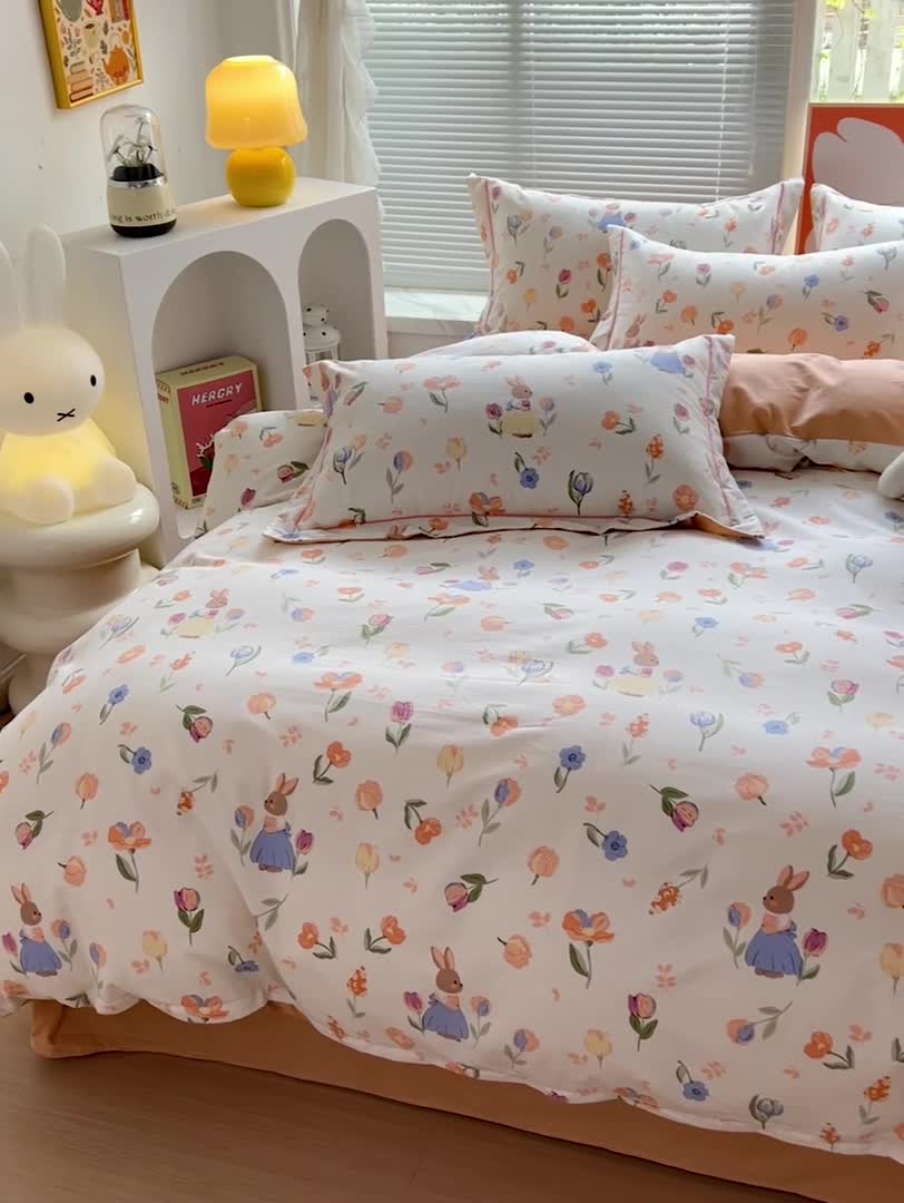 91家纺网 家纺一手货源 找家纺 棉生活 2023新款铂金全棉磨毛系列（AB版）四件套 小兔庄园