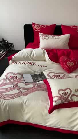 91家纺网 家纺一手货源 找家纺 用心 2023新款长绒棉提花高端刺绣家居婚庆四件套 爱的小屋