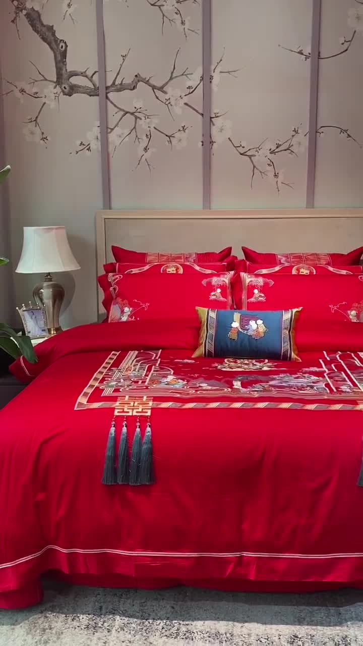 91家纺网 家纺一手货源 找家纺 爱情故事 2025新款100支婚庆四件套实拍 百子纳福