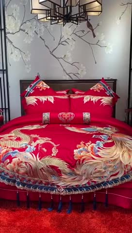 91家纺网 家纺一手货源 找家纺 爱情故事 2025新款100支婚庆四件套实拍 龙凤呈祥