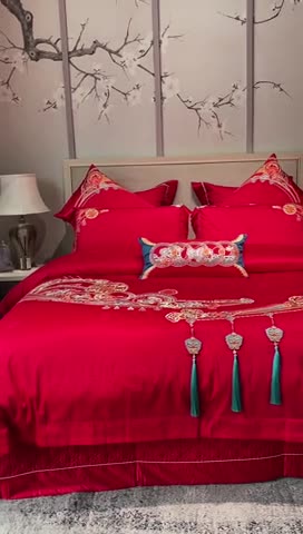 91家纺网 家纺一手货源 找家纺 爱情故事 2025新款100支婚庆四件套实拍 五福满堂