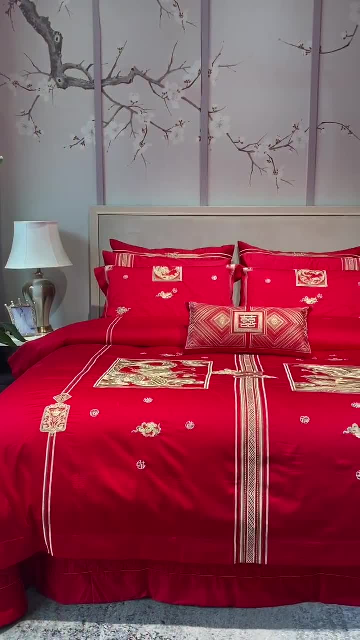 91家纺网 家纺一手货源 找家纺 爱情故事 2025新款100支婚庆四件套实拍 福禄寿喜金