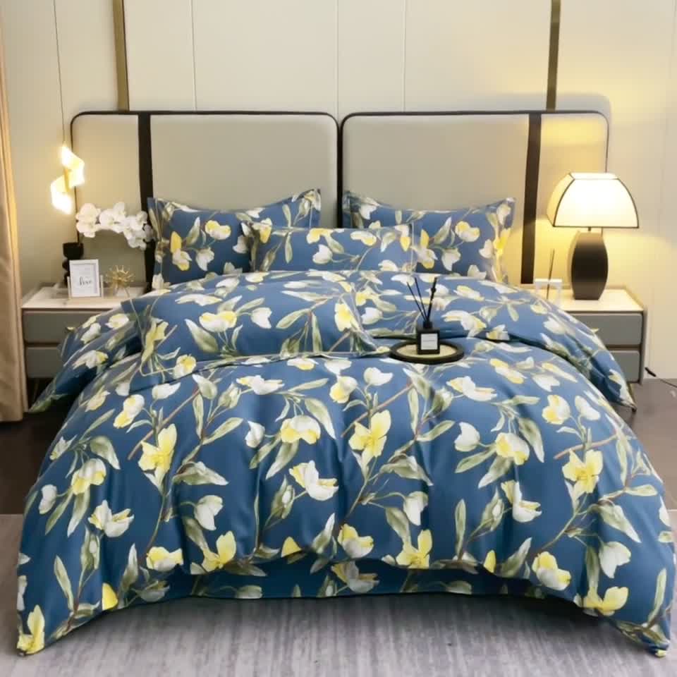 91家纺网 家纺一手货源 找家纺 晶缦 2023新款格林系列全棉活性磨毛多规格四件套 如月梦蓝