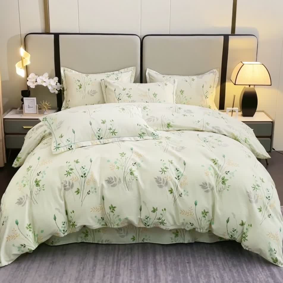 91家纺网 家纺一手货源 找家纺 晶缦 2023新款格林系列全棉活性磨毛多规格四件套 林间细雨