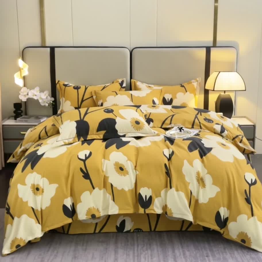 91家纺网 家纺一手货源 找家纺 晶缦 2023新款格林系列全棉活性磨毛多规格四件套 花之舞黄