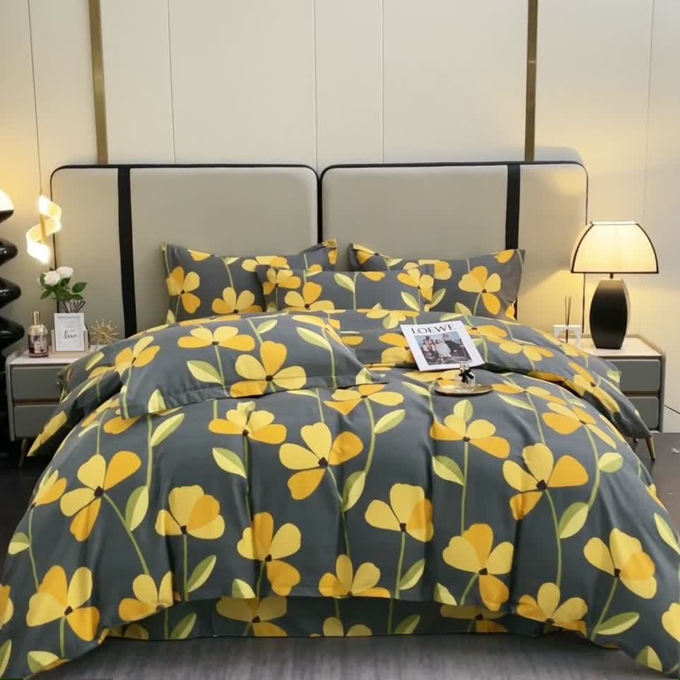 91家纺网 家纺一手货源 找家纺 晶缦 2023新款格林系列全棉活性磨毛多规格四件套 叶叶生辉