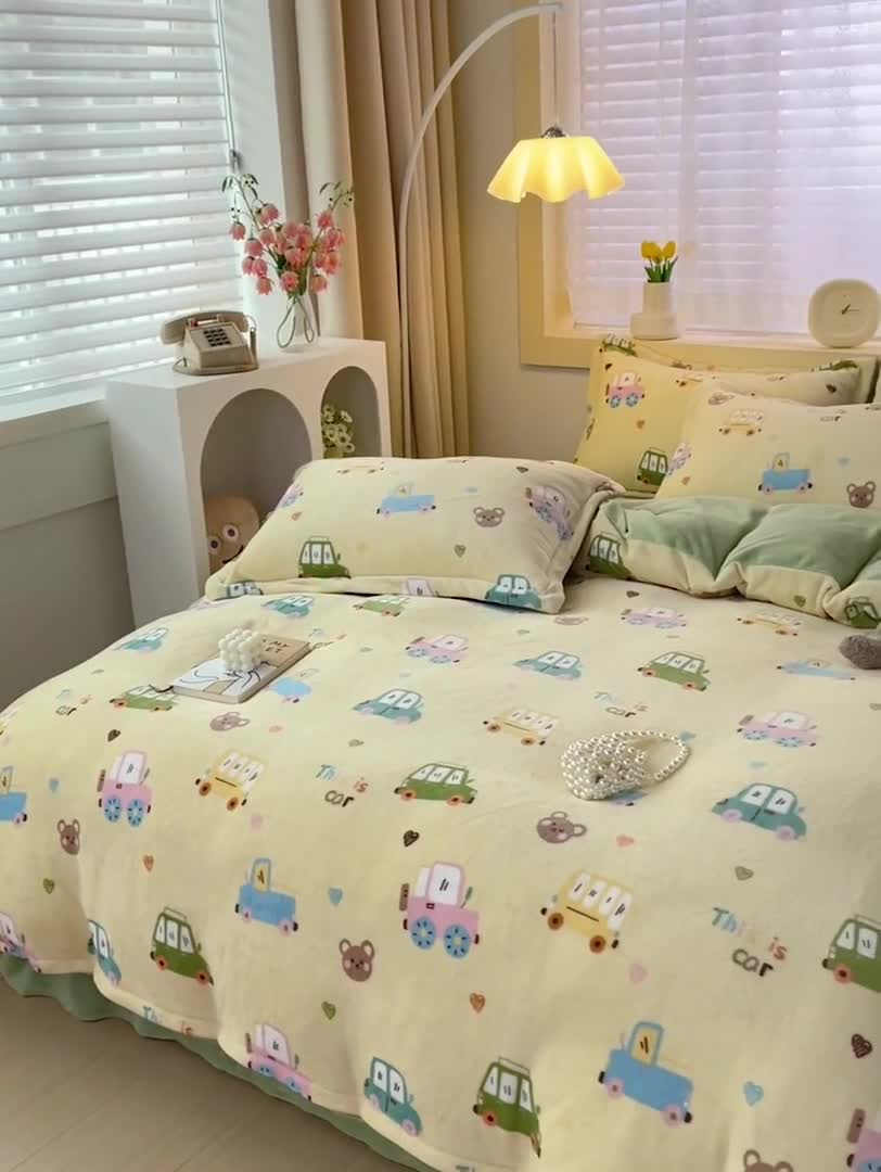 91家纺网 家纺一手货源 找家纺 畅畅家纺 2023新款活性印花小清新AB版加厚高克重法莱绒牛奶绒四件套 汽车乐园