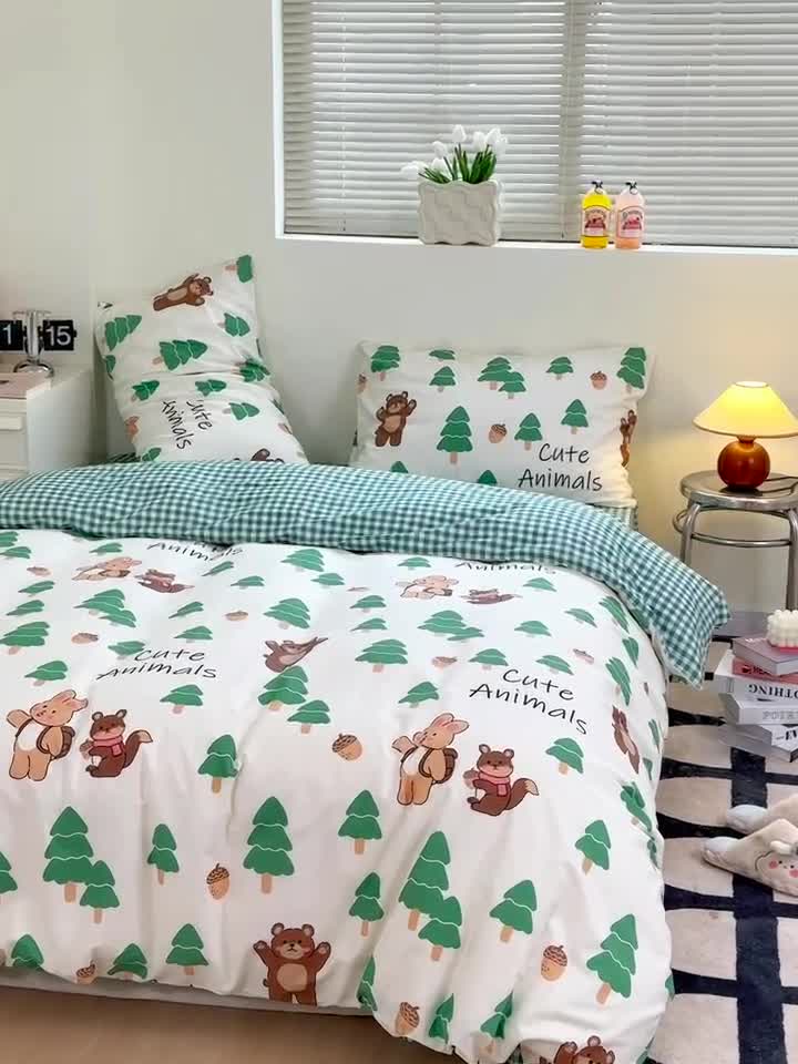 91家纺网 家纺一手货源 找家纺 宜家坊 2024新款12868全棉小清新四件套 绿树熊