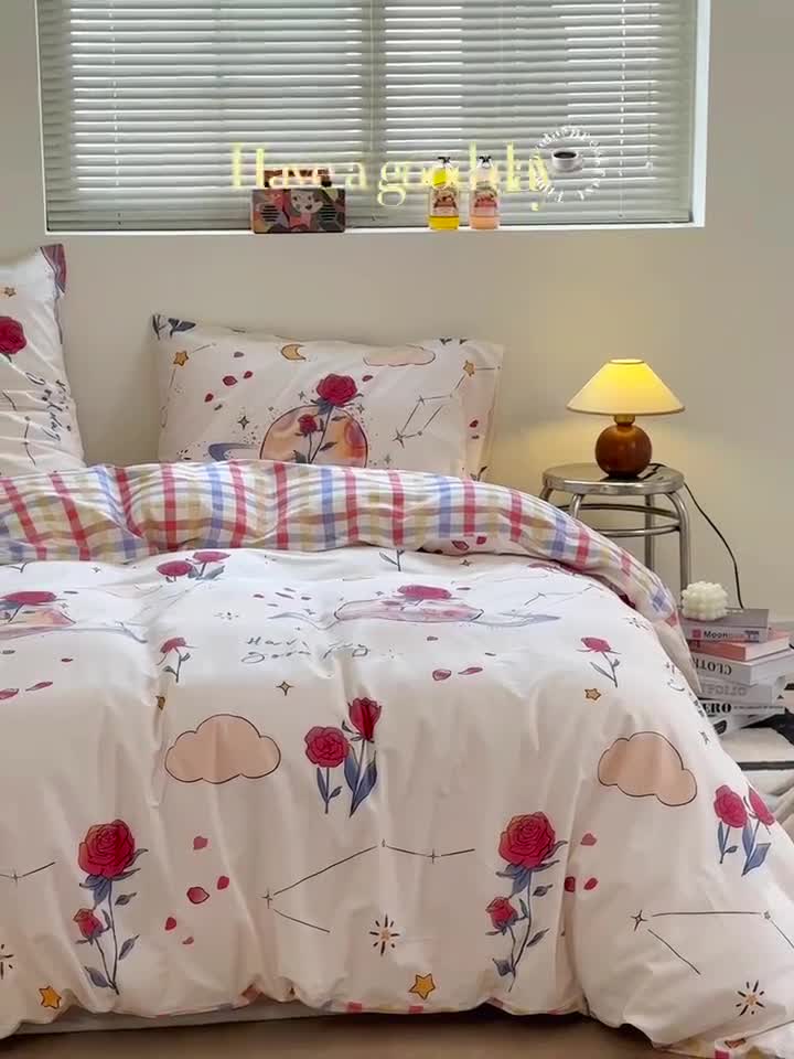 91家纺网 家纺一手货源 找家纺 宜家坊 2024新款12868全棉小清新四件套 玫瑰星球