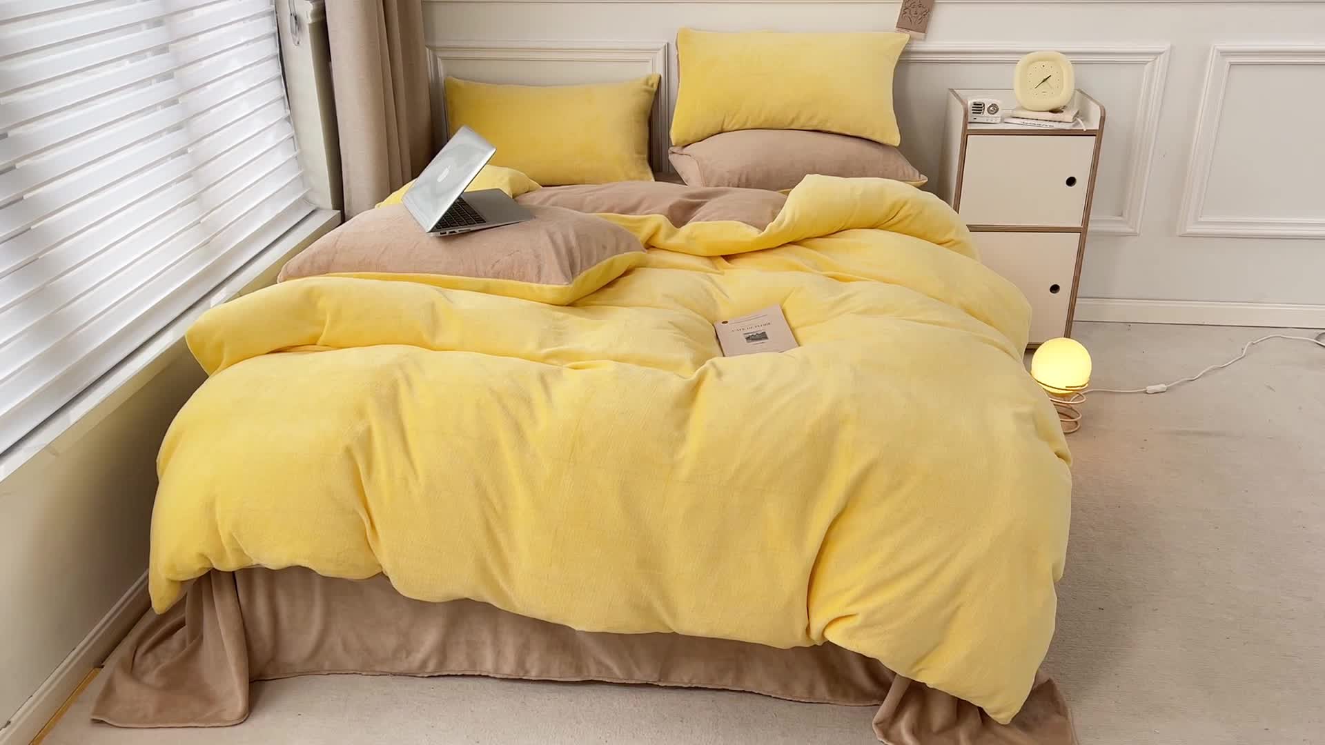 91家纺网 家纺一手货源 找家纺 宜家坊 ins风小红书博主推荐A类高克重纯色双拼牛奶绒四件套 炭烤起司