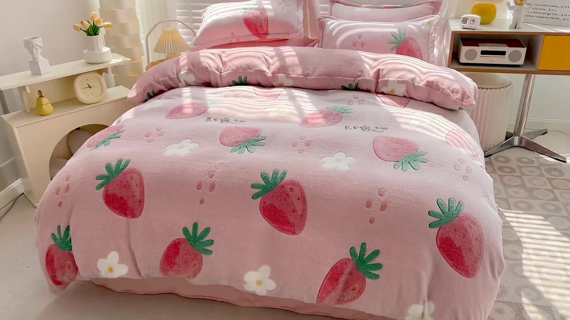 91家纺网 家纺一手货源 找家纺 宜家坊 2023新款高克重立体雪花绒四件套 系列一 小草莓