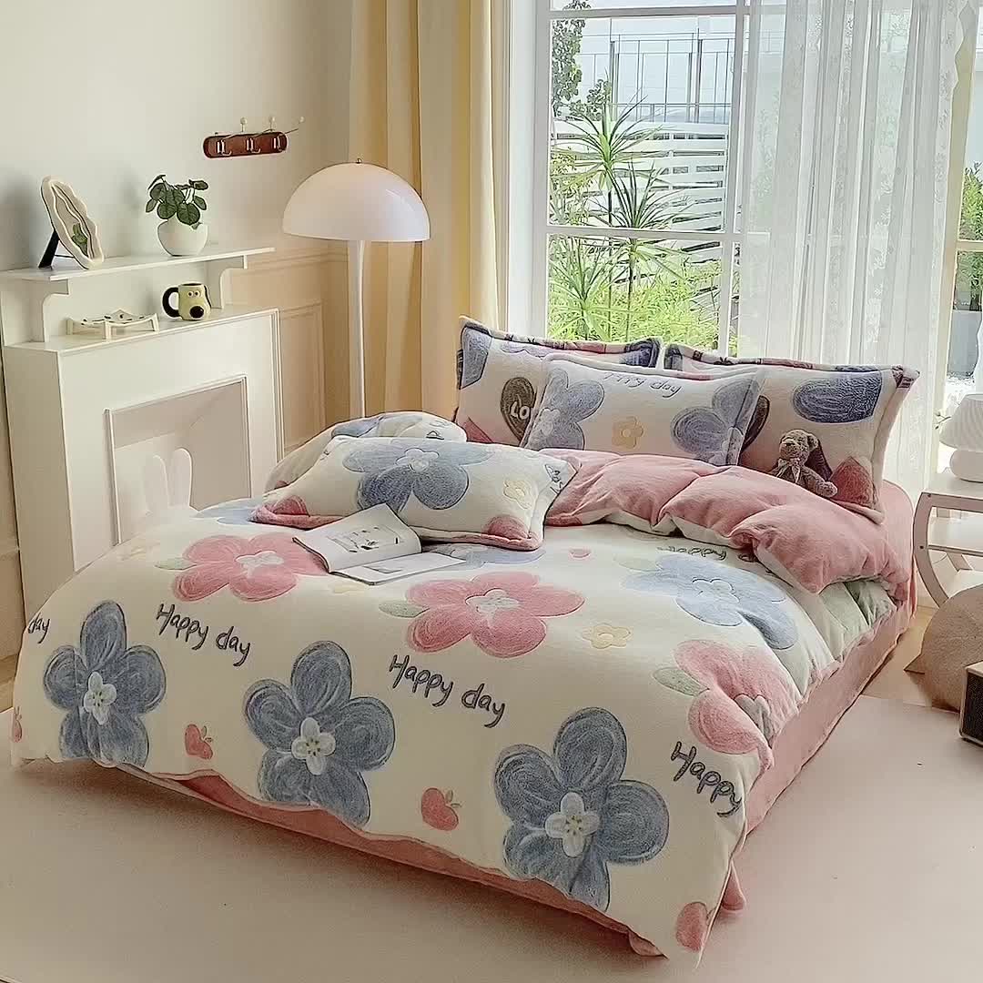 91家纺网 家纺一手货源 找家纺 宜家坊 2023新款高克重立体雪花绒四件套 系列二 缤纷花园