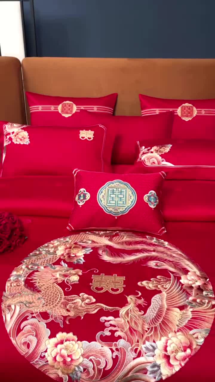 91家纺网 家纺一手货源 找家纺 高大尚 2023新款长绒棉提花四件套龙凤喜事