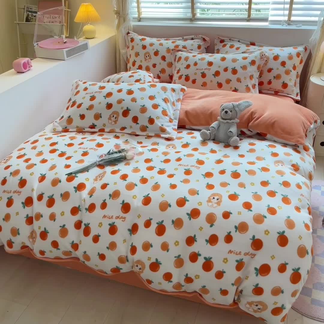 91家纺网 家纺一手货源 找家纺 康纳利 2023新款印花牛奶绒单被套 橙子女孩