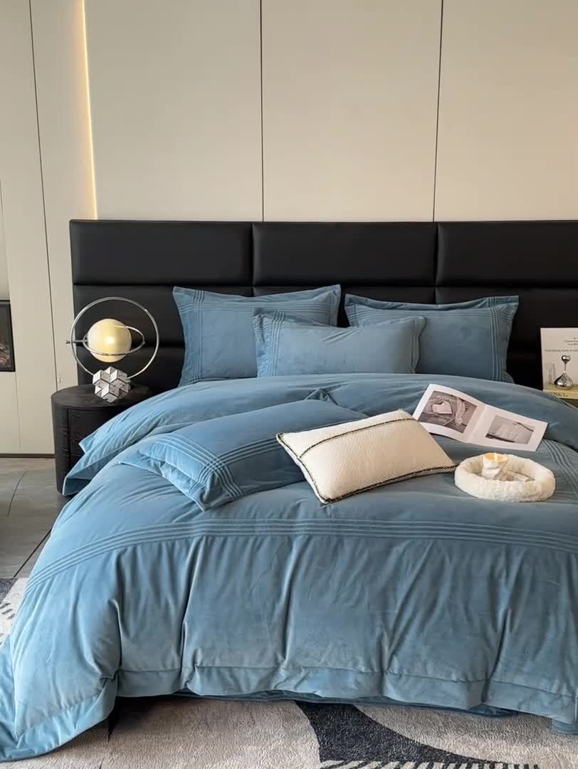 91家纺网 家纺一手货源 找家纺 嗯呢2023新款A类高克重婴儿绒牛奶绒埋绳保暖绒四件套 湖兰