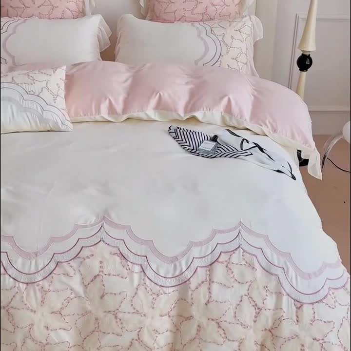 91家纺网 家纺一手货源 找家纺 品家居 2025新款长绒棉四件套-艾米莉 艾米莉-雪粉色