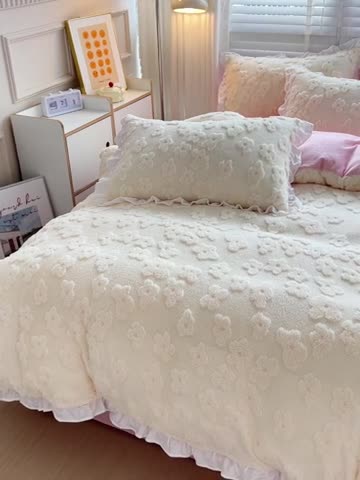 91家纺网 家纺一手货源 找家纺 澳梵 2023新款温柔梦境花梦塔芙绒韩版四件套 花梦-粉白
