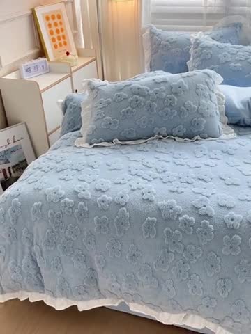91家纺网 家纺一手货源 找家纺 澳梵 2023新款温柔梦境花梦塔芙绒韩版四件套 花梦-蓝