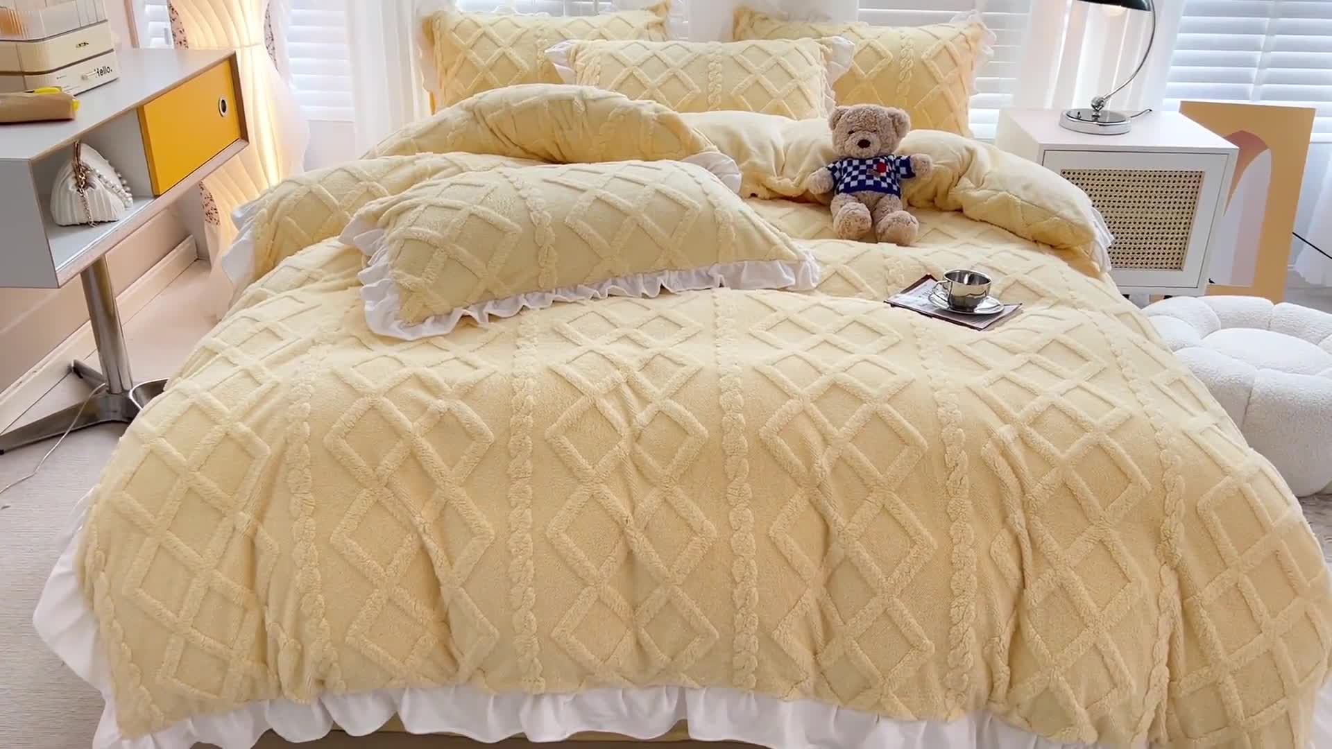 91家纺网 家纺一手货源 找家纺 澳梵 2023新款温柔梦境花梦塔芙绒韩版四件套 温柔梦境-嫩黄