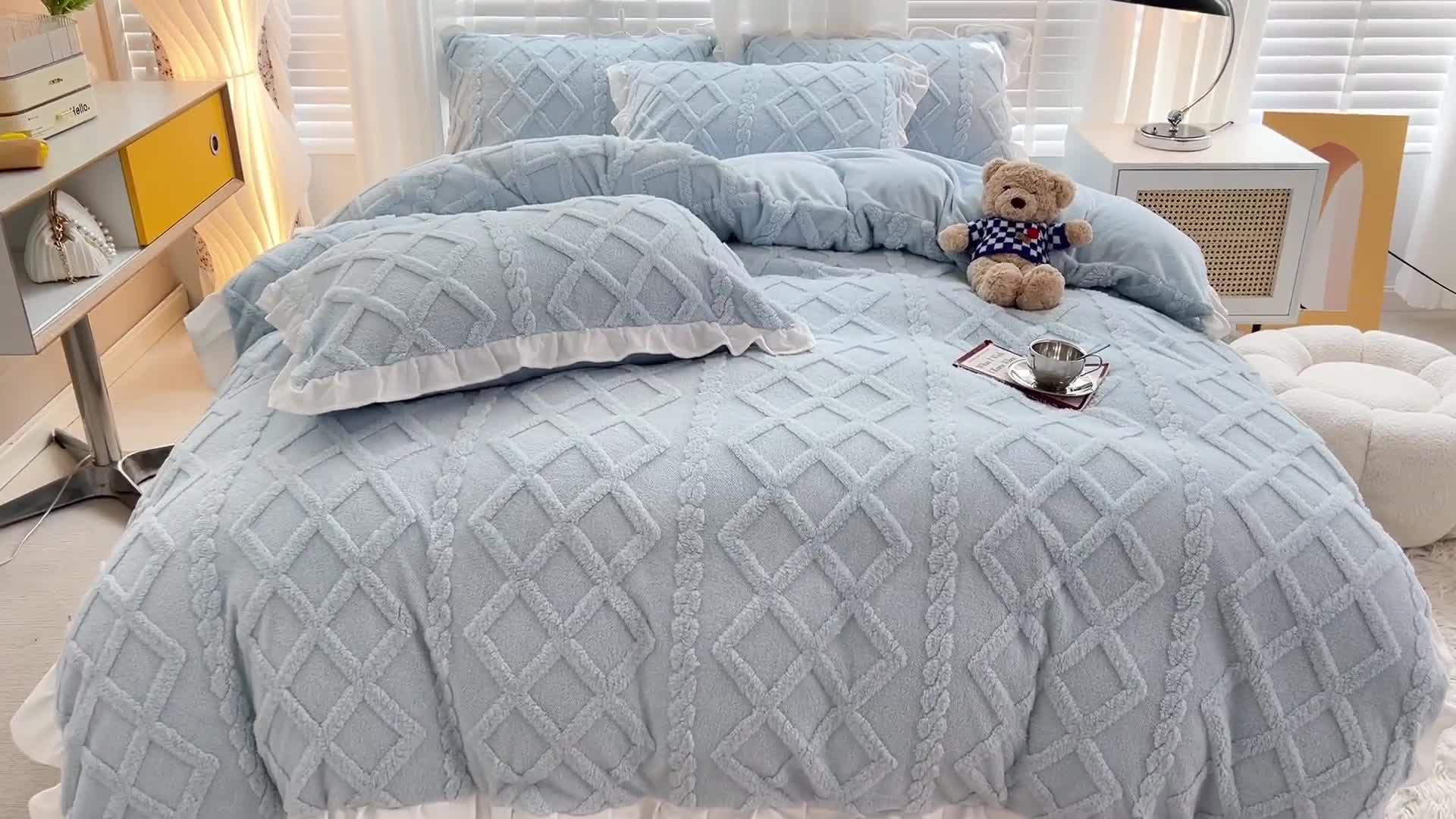 91家纺网 家纺一手货源 找家纺 澳梵 2023新款温柔梦境花梦塔芙绒韩版四件套 温柔梦境-婴儿蓝