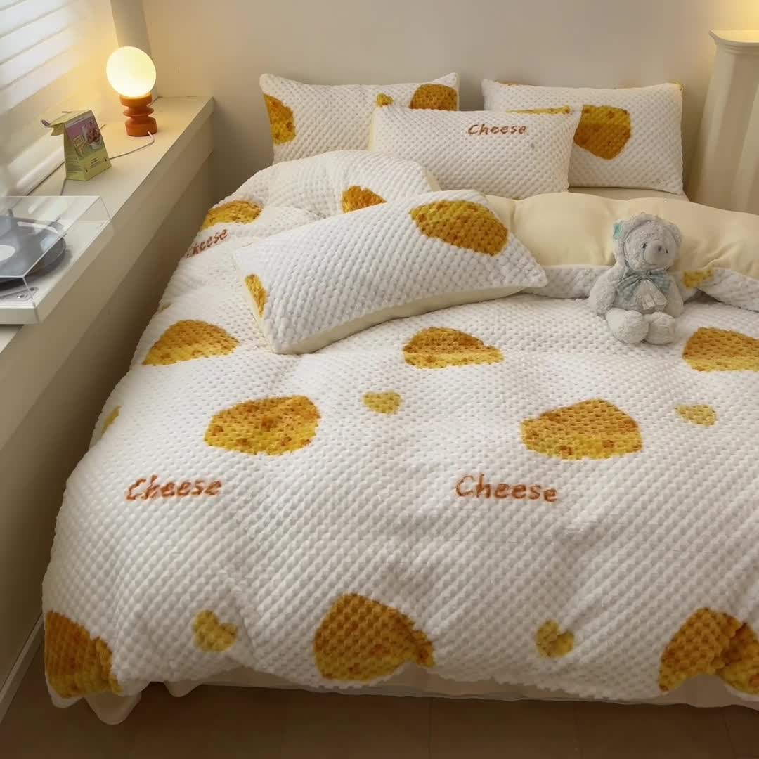 91家纺网 家纺一手货源 找家纺 澳梵家居 2023新款印花豆豆绒牛奶绒四件套 奶酪芝士