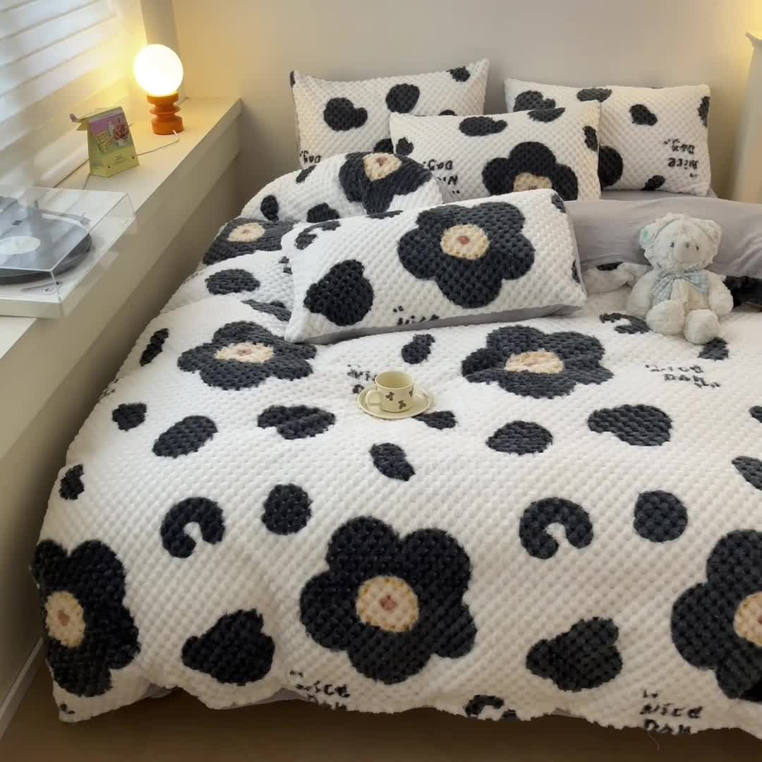 91家纺网 家纺一手货源 找家纺 澳梵家居 2023新款印花豆豆绒牛奶绒四件套 向阳花开