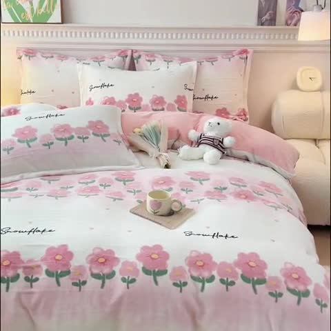 91家纺网 家纺一手货源 找家纺 宜家坊 2023新款小清新加厚印花牛奶绒四件套 简单款-花香四溢