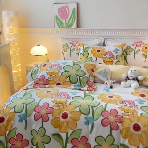 91家纺网 家纺一手货源 找家纺 宜家坊 2023新款小清新加厚印花牛奶绒四件套 简单款-花园女孩