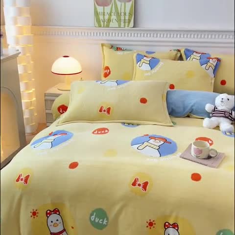 91家纺网 家纺一手货源 找家纺 宜家坊 2023新款小清新加厚印花牛奶绒四件套 简单款-加油鸭