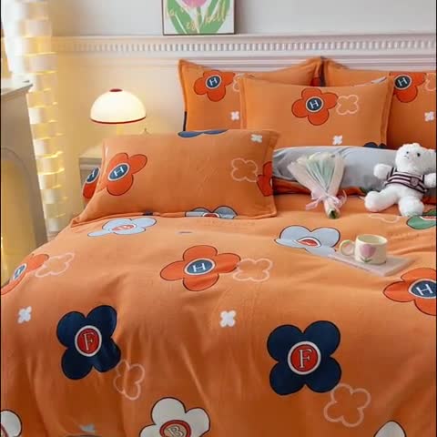 91家纺网 家纺一手货源 找家纺 宜家坊 2023新款小清新加厚印花牛奶绒四件套 简单款-锦上添花