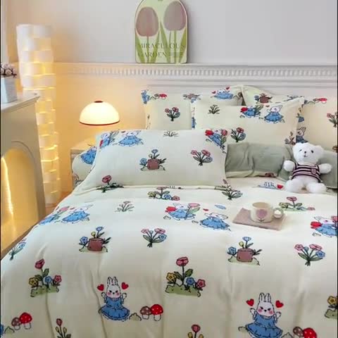 91家纺网 家纺一手货源 找家纺 宜家坊 2023新款小清新加厚印花牛奶绒四件套 简单款-米菲兔