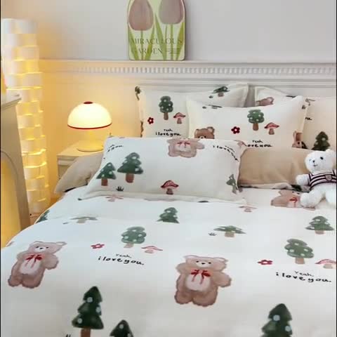 91家纺网 家纺一手货源 找家纺 宜家坊 2023新款小清新加厚印花牛奶绒四件套 简单款-森林小熊