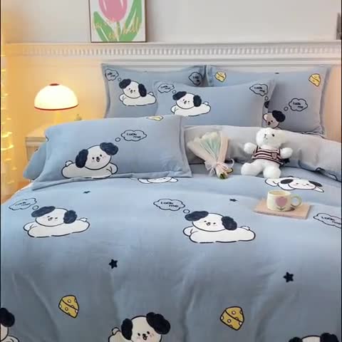 91家纺网 家纺一手货源 找家纺 宜家坊 2023新款小清新加厚印花牛奶绒四件套 简单款-芝士狗狗