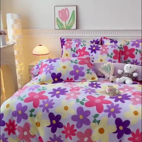 91家纺网 家纺一手货源 找家纺 宜家坊 2023新款小清新加厚印花牛奶绒四件套 简单款-紫色花园