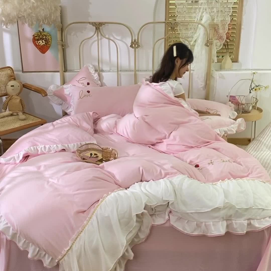 91家纺网 家纺一手货源 找家纺 欧冠 2023公主风倾城牛奶绒四件套 倾城-浅粉