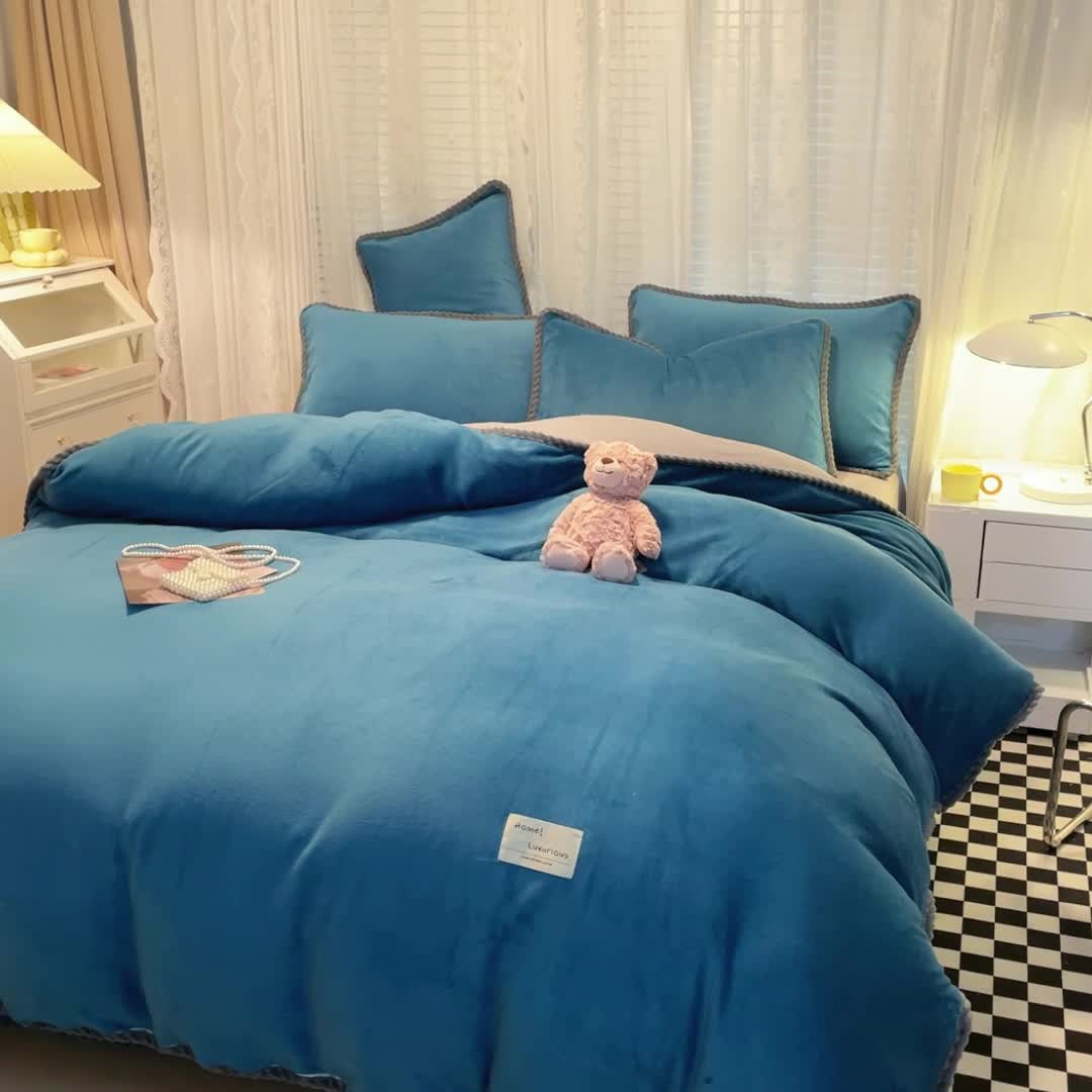 91家纺网 家纺一手货源 找家纺 欧冠 2023新款加厚牛奶绒纯色优雅四件套 优雅-孔雀蓝