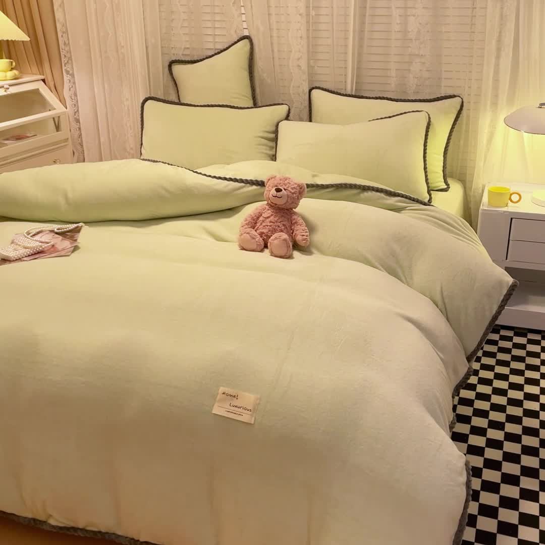91家纺网 家纺一手货源 找家纺 欧冠 2023新款加厚牛奶绒纯色优雅四件套 优雅-抹茶