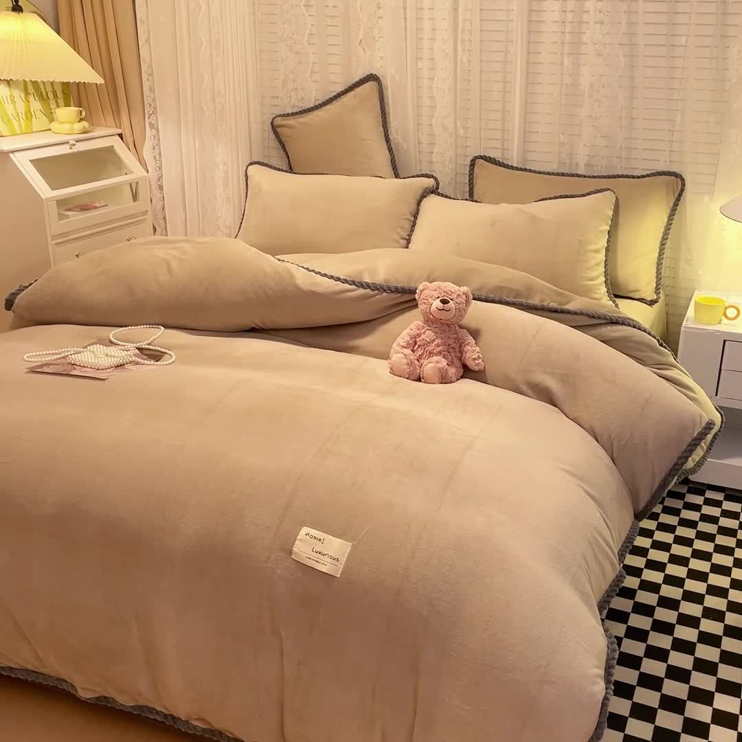 91家纺网 家纺一手货源 找家纺 欧冠 2023新款加厚牛奶绒纯色优雅四件套 优雅-浅驼