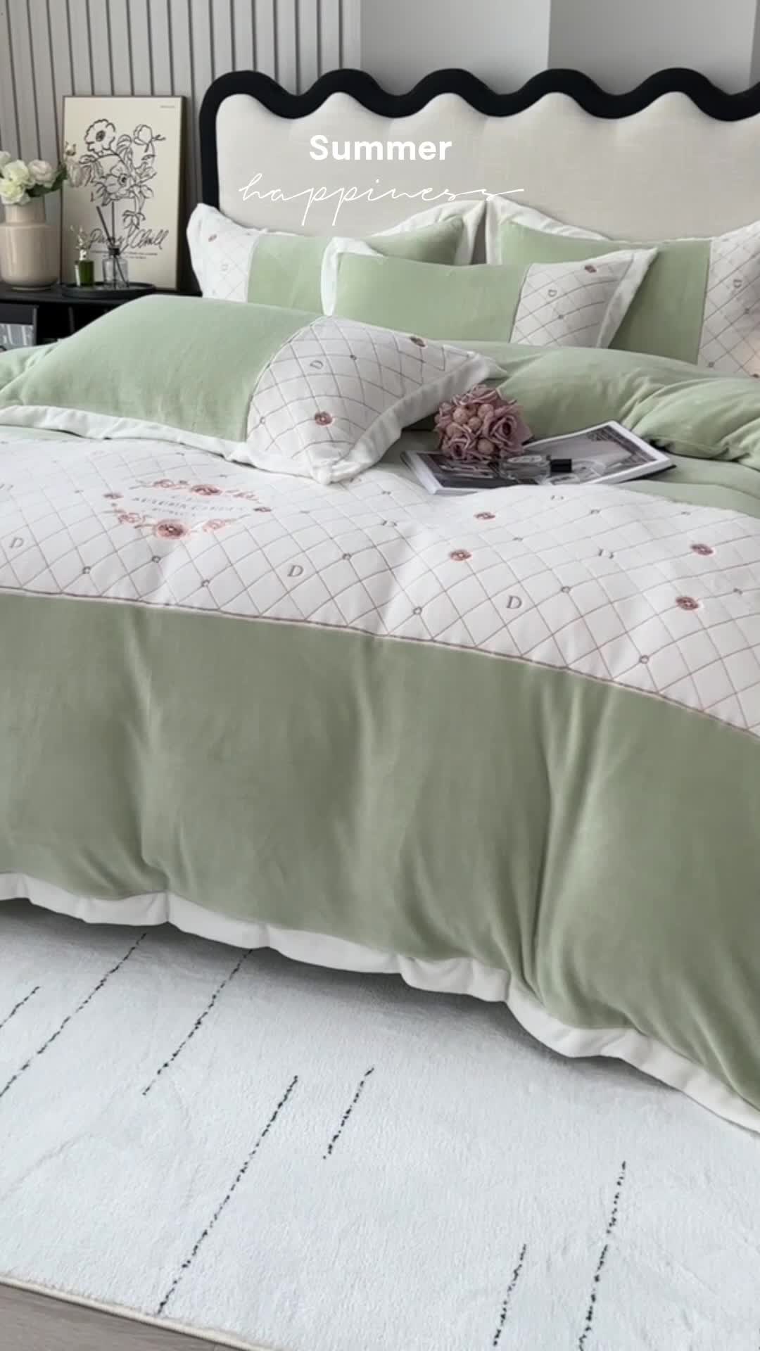 91家纺网 家纺一手货源 找家纺 欧冠 2023秋冬高端刺绣菲曼牛奶绒四件套 菲曼-牛油果绿