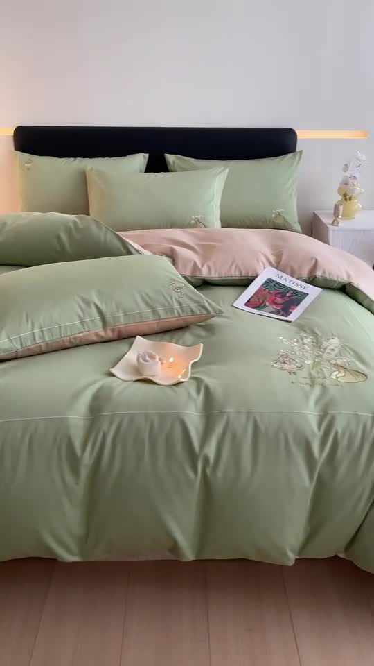 91家纺网 家纺一手货源 找家纺 秀色 100支全棉高支长绒棉四件套北欧ins风轻奢被套纯棉床上用品 铃兰花女孩-山栀茶香槟金