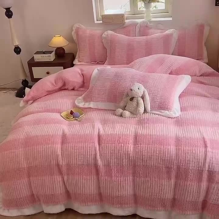 91家纺网 家纺一手货源 找家纺 欧冠 2023新款泰迪绒兔绒牛奶绒四件套 泰迪绒-玫瑰粉