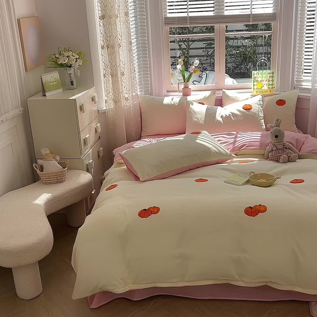 91家纺网 家纺一手货源 找家纺 欧冠 2023新款秋冬保暖专版水洗棉麻毛巾绣四件套 南瓜派