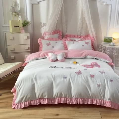 91家纺网 家纺一手货源 找家纺 欧冠 2023新款秋冬保暖云锦棉刺绣花边羽蝶系列四件套 羽蝶-白玉